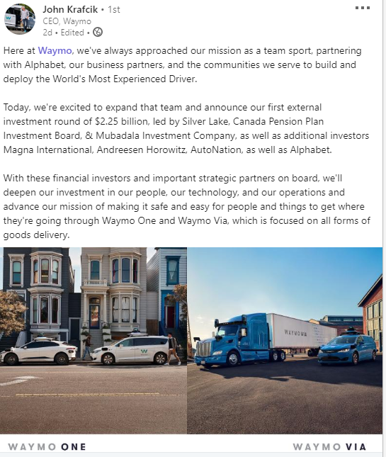 Source: Waymo CEO Blog