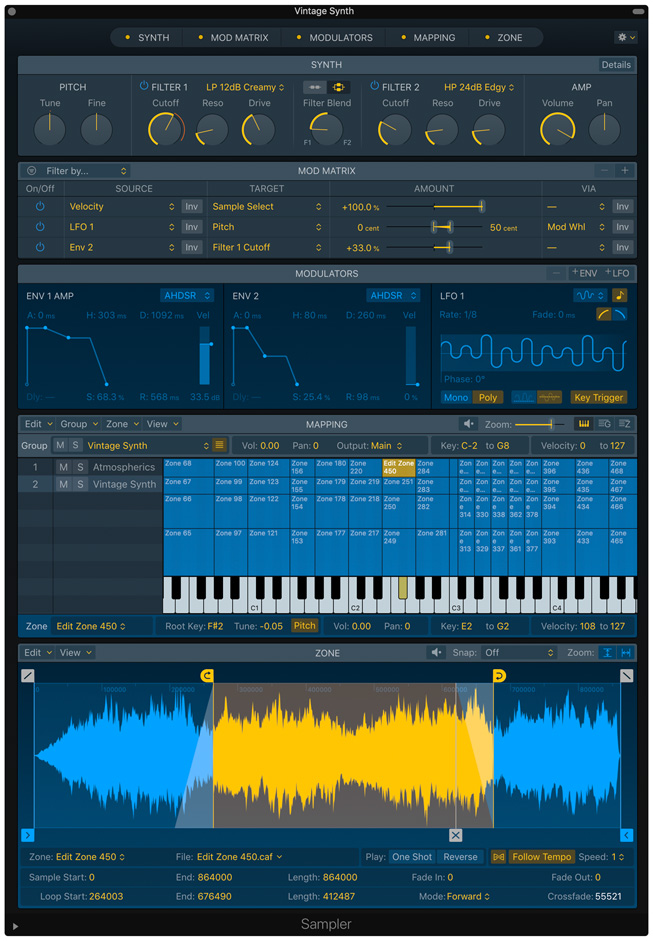 Sampler is a powerful professional multisampler that enables sound designers to create sophisticated instruments in minutes.