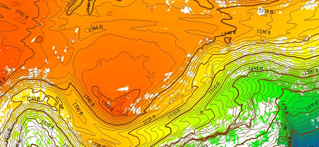 RTL-400 generated digital terrain model overlaid with contour map.