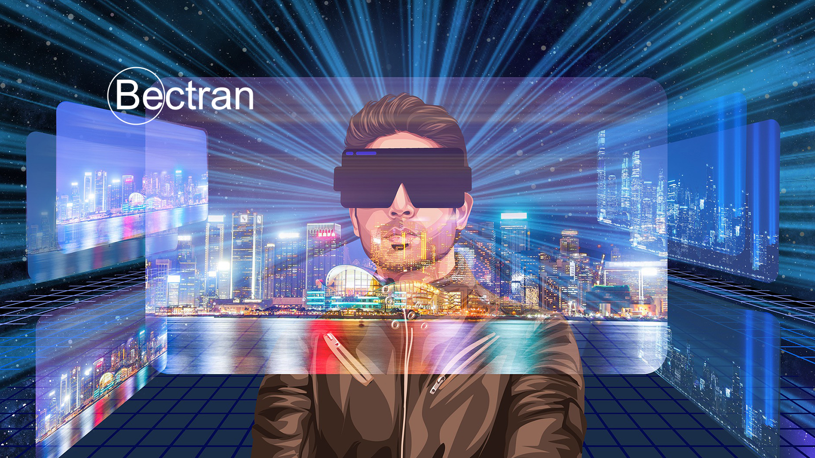  A person wearing virtual reality glasses is standing in a city at night. The image represents the search query 'Cloud service billing dispute resolution process'.